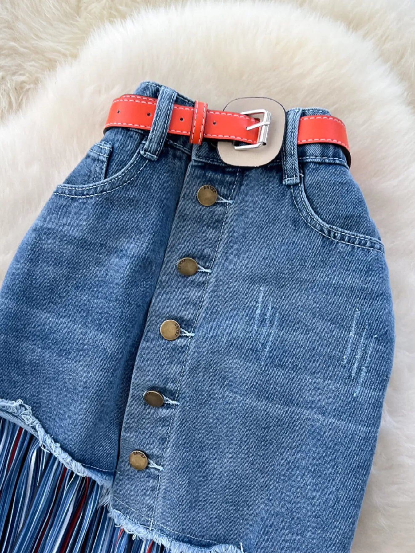Plus size striped patchwork denim skirt by Plush Fashion Hub, featuring a full-length design with colorful patchwork patterns.