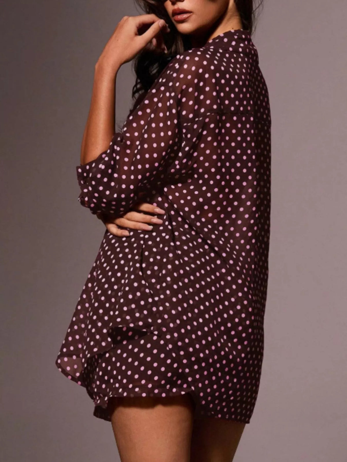 Polka dot button-up shirt and shorts loungewear set by Plush Fashion Hub, featuring a comfortable, stylish polka dot pattern.