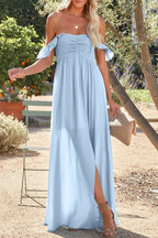 Off-shoulder ruched bust sheer slit maxi dress by Shopimist, featuring flowing fabric and elegant design perfect for formal occasions.