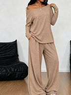 Plus size Trendsi loose fit one-shoulder T-shirt and pants set, featuring relaxed fit and comfortable fabric, casual style.