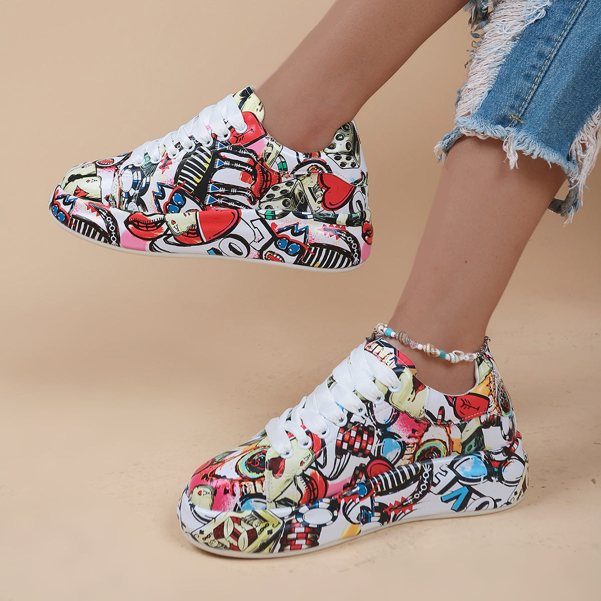 Women's round-toe thick-sole lace-up sneakers from Plush Fashion Hub featuring casual printed design and durable footwear style.