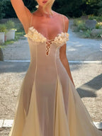 Floral embellished spaghetti strap dress by Shopimist featuring delicate flower details and lightweight fabric.