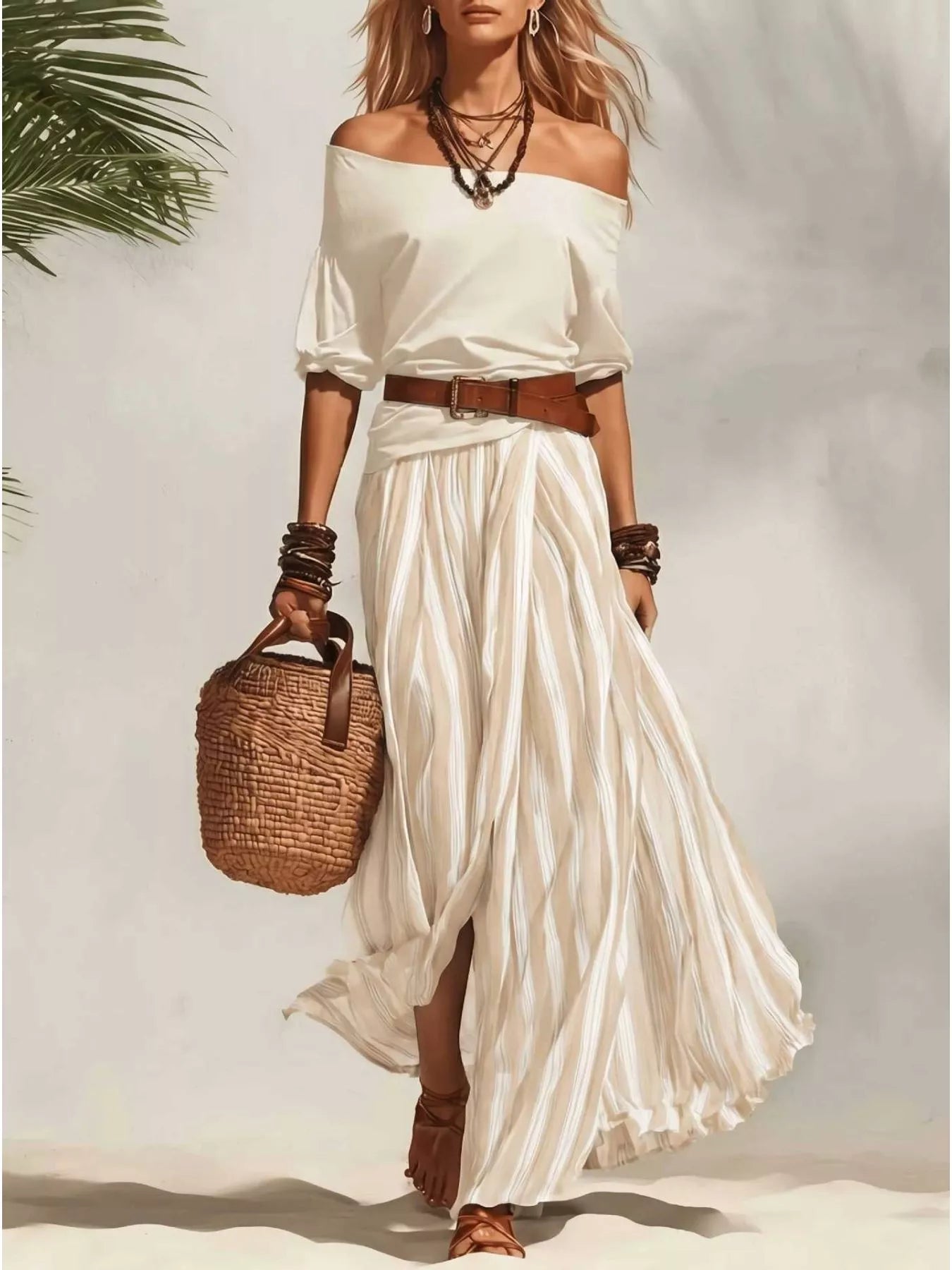 Shopimist off-shoulder top and striped maxi skirt set displayed together, featuring a stylish, coordinated summer outfit.