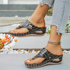Shopimist toe post wedge sandals with tan leather straps and cork wedge heel, showcasing stylish summer footwear design.