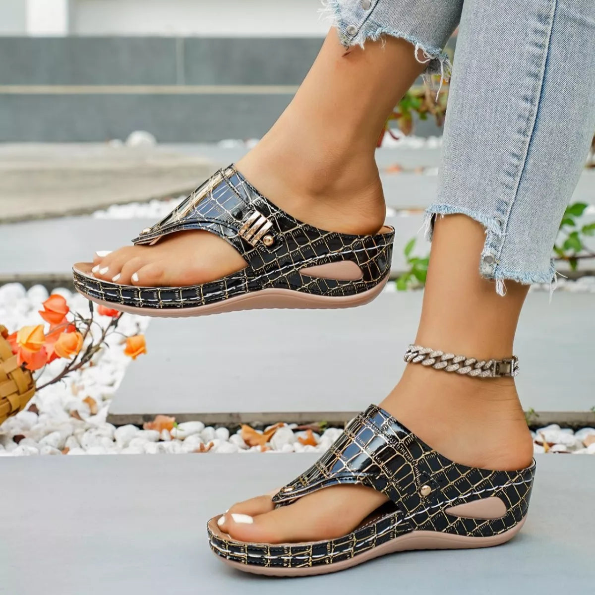 Shopimist toe post wedge sandals with tan leather straps and cork wedge heel, showcasing stylish summer footwear design.
