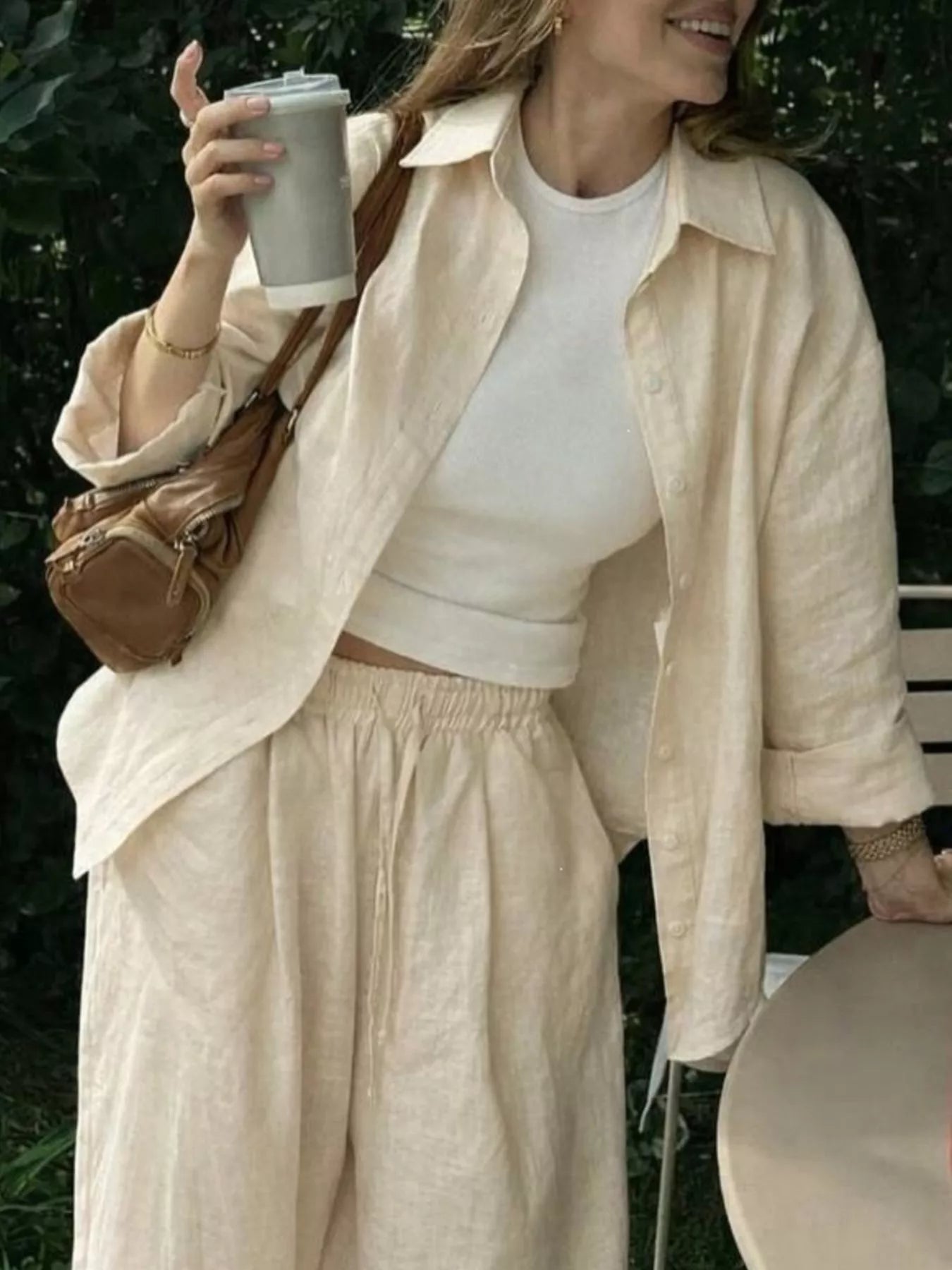 Plush Fashion Hub loungewear set with button-up shirt and drawstring pants, comfortable and casual for relaxed wear.