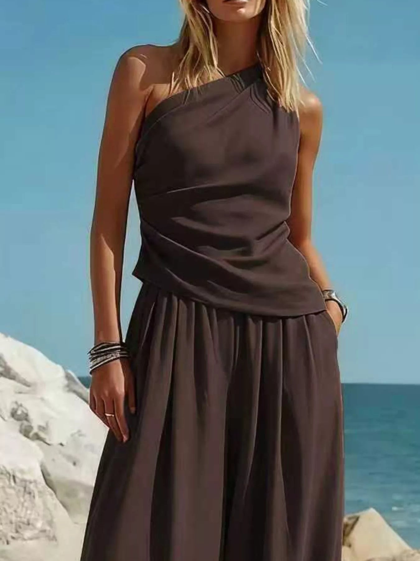 Plus size one-shoulder top and wide-leg pants set by Plush Fashion Hub, featuring a stylish, coordinated piece pants set.