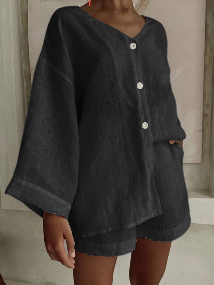 Women's cotton linen shirt and shorts set by Plush Fashion Hub, long sleeve button casual two-piece outfit, light and breathable fabric