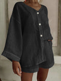 Women's cotton linen shirt and shorts set by Plush Fashion Hub, long sleeve button casual two-piece outfit, light and breathable fabric