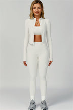 Fitglutes Activewear sports bra, jacket, and leggings 3-piece set, featuring breathable fabric and stylish athletic design.