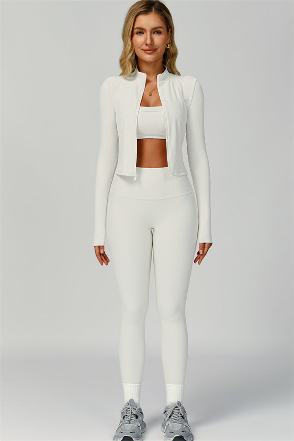 Fitglutes Activewear sports bra, jacket, and leggings 3-piece set, featuring breathable fabric and stylish athletic design.
