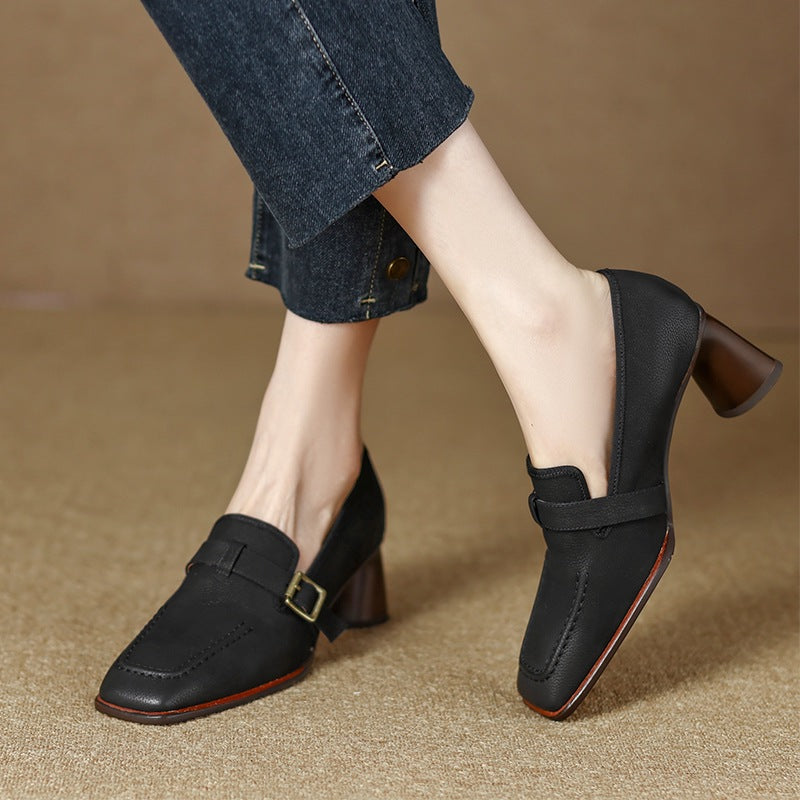 Women's retro British style chunky heel leather shoes with round toe, perfect for commuting, by Plush Fashion Hub.
