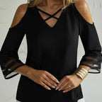 Women's off-shoulder cross collar long sleeve casual top by FitiqueFit, featuring a stylish neckline and comfortable fit.