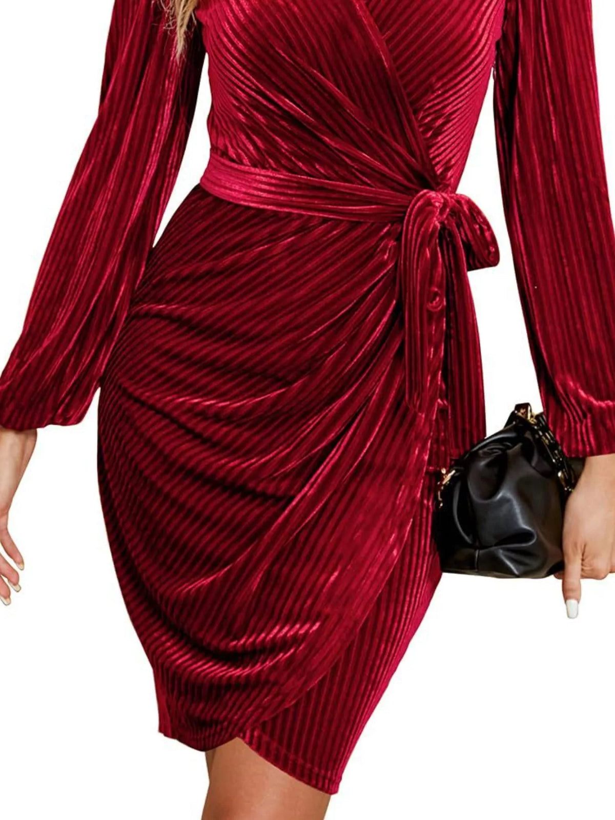 Simply Love surplice long sleeve tie waist dress, elegant design with a flattering silhouette, shown in a stylish image.