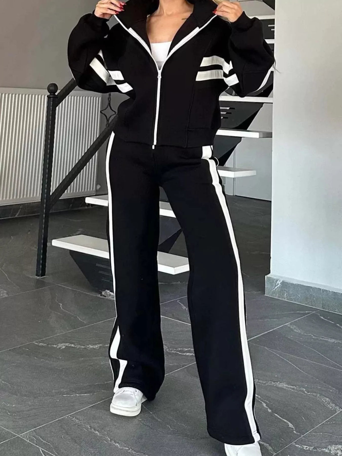 Plus size contrast stripe zip-up jacket and pants activewear set by Plush Fashion Hub, featuring sporty design and comfortable fit.