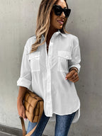 Women’s casual long sleeve shirt with pocket from FitiqueFit, featuring a relaxed fit and soft fabric, worn by a model.