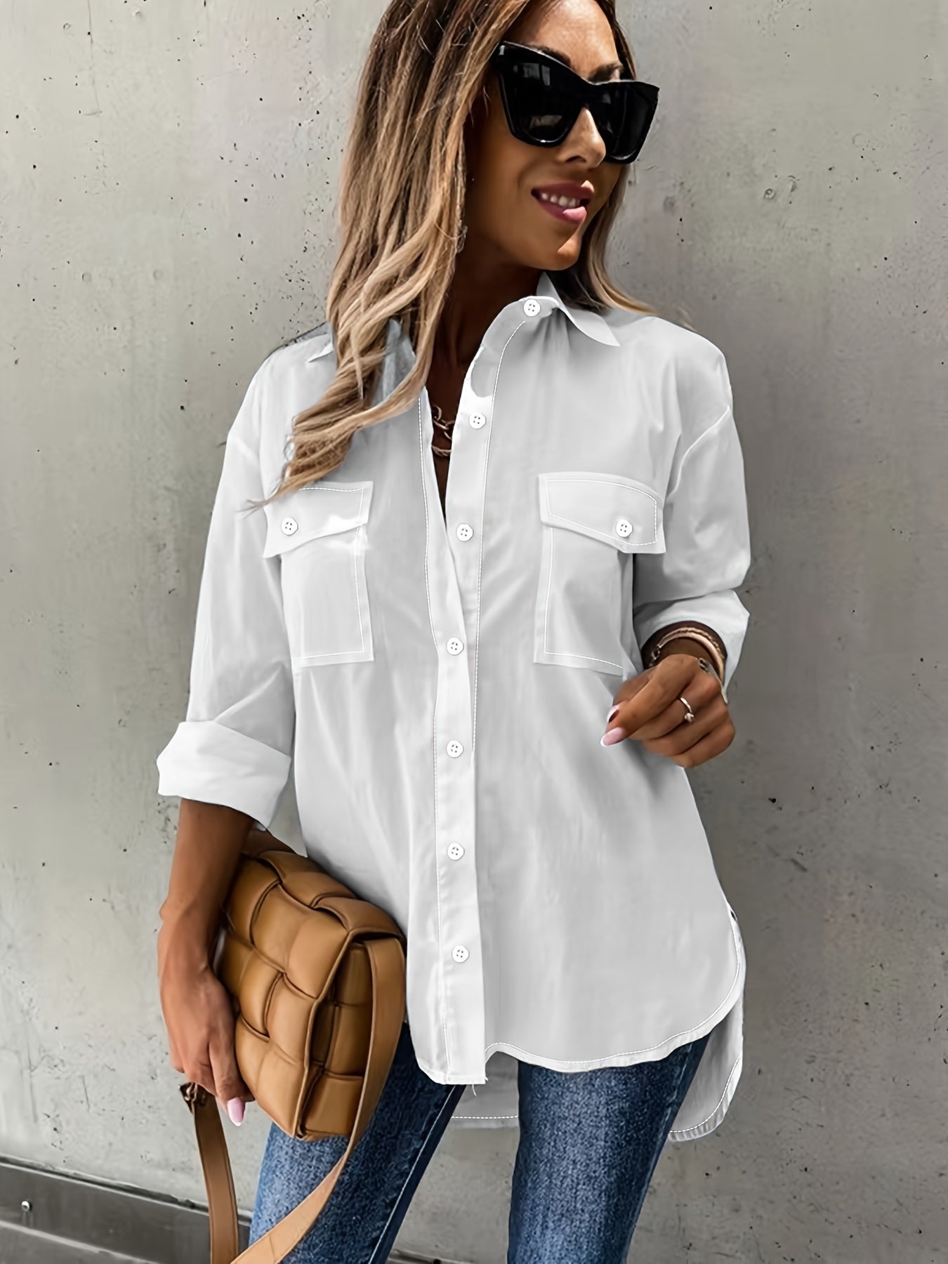 Women’s casual long sleeve shirt with pocket from FitiqueFit, featuring a relaxed fit and soft fabric, worn by a model.