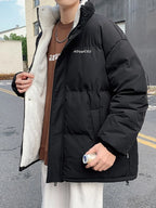 Men's plus size quilted puff jacket with snap front closure, stylish and warm outerwear by Shopimist, shown in a close-up view.