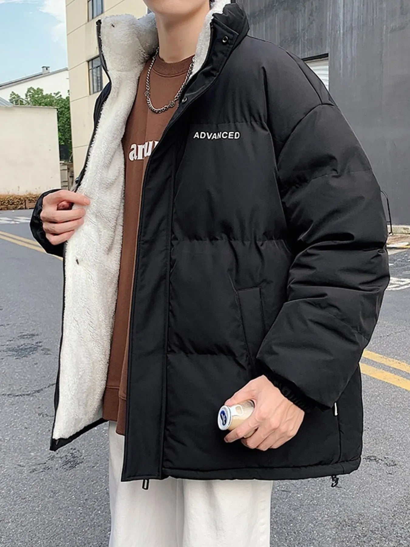 Men's plus size quilted puff jacket with snap front closure, stylish and warm outerwear by Shopimist, shown in a close-up view.