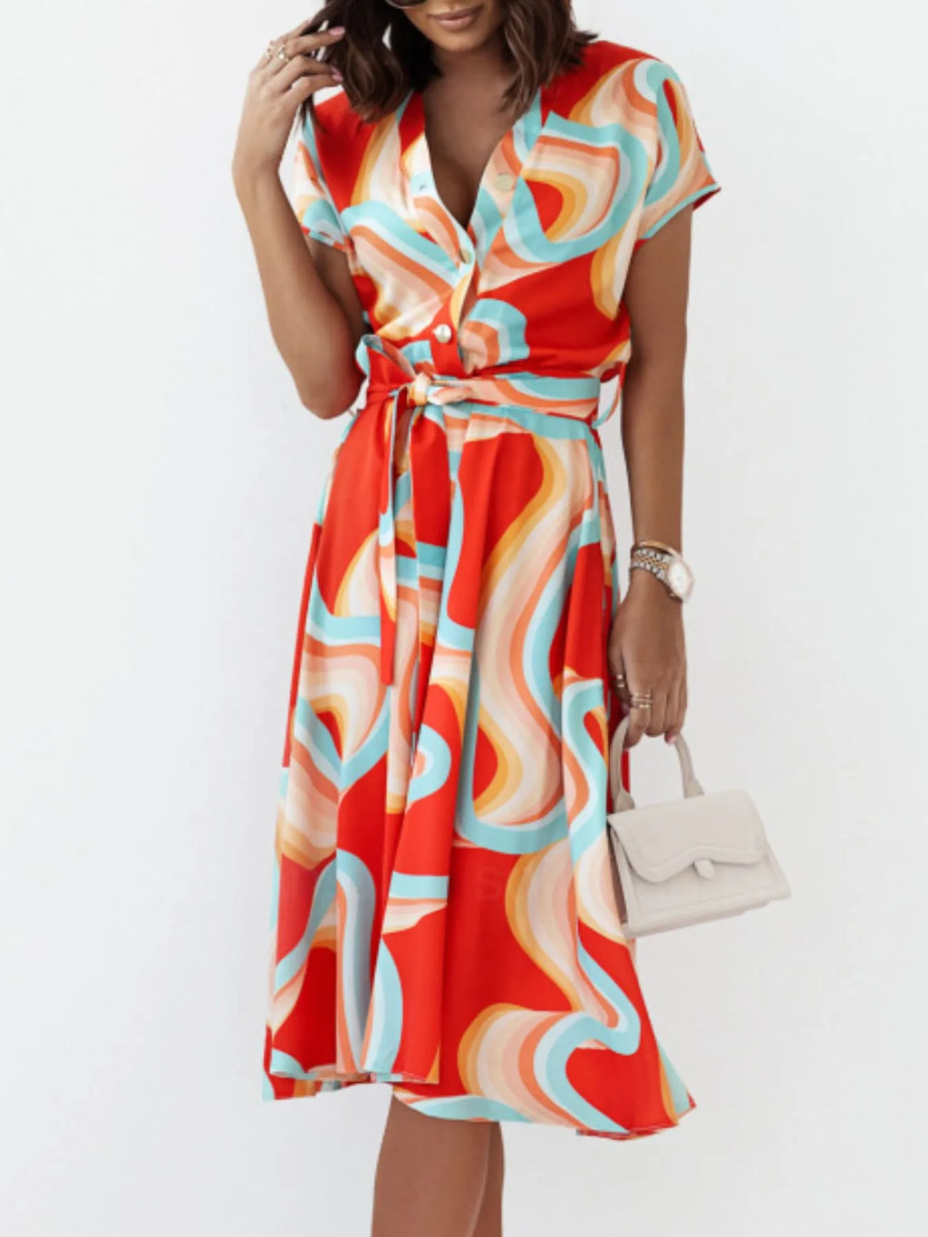 Printed button-front midi dress with belt by Shopimist, featuring a stylish design and mid-length silhouette.