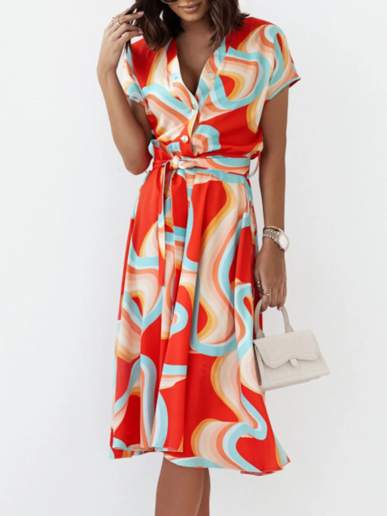 Printed button-front midi dress with belt by Shopimist, featuring a stylish design and mid-length silhouette.