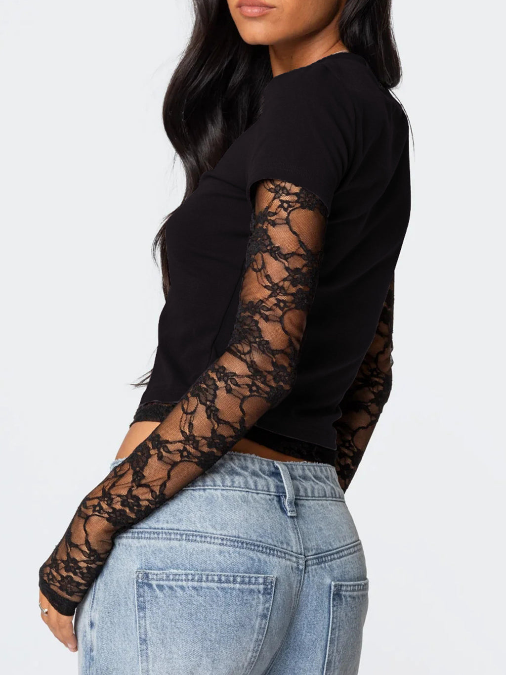 Women's fitted lace sleeve T-shirt by Trendsi featuring elegant lace details and a casual, sophisticated design.