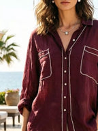 Shopimist contrast trim button-up long sleeve shirt with tailored fit and classic collar, displayed on a hanger.