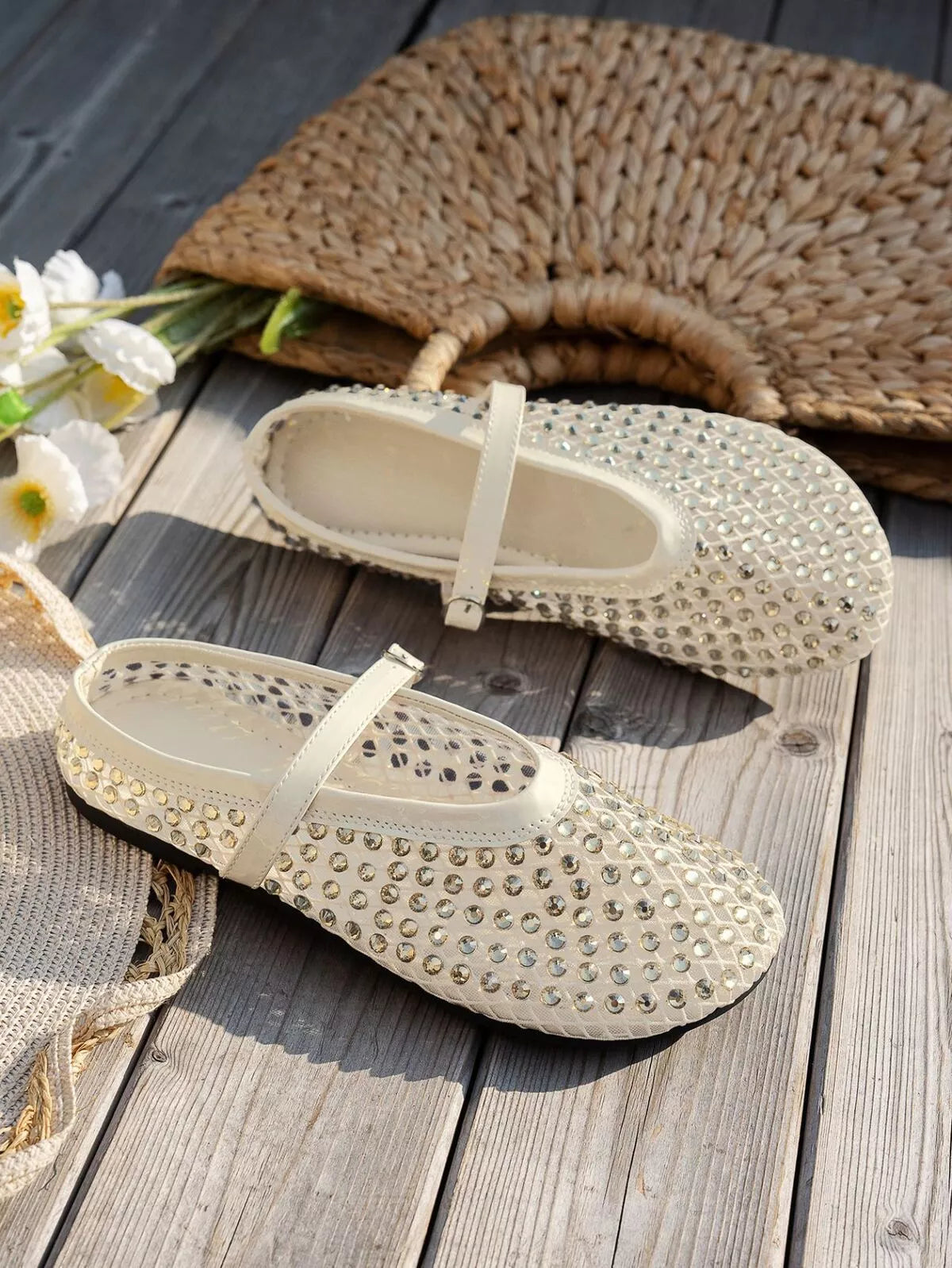 Sparkling mesh ballet flats sandals by Plush Fashion Hub featuring shimmering design and comfortable flat sole.