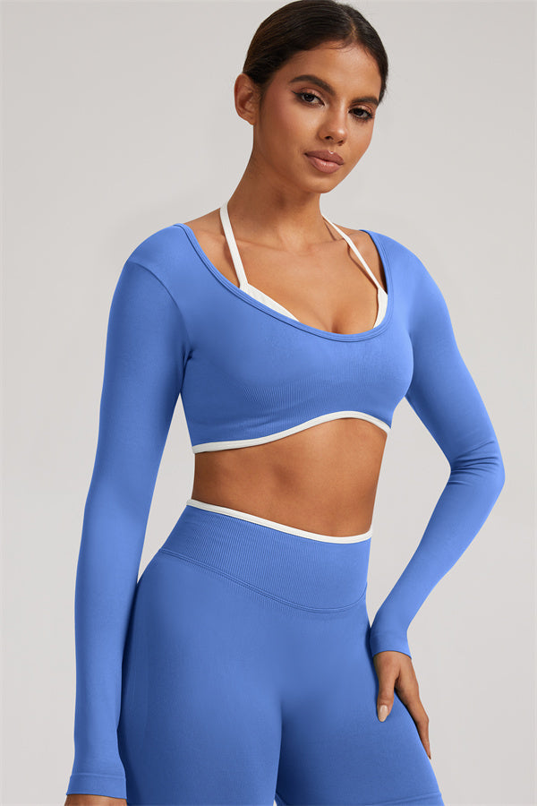 Fitglutes Activewear long sleeve crop top and leggings 2-piece set, shown in a stylish gym wear design for workout and sports activities.