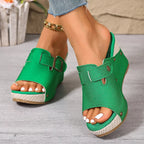 Open toe wedge sandals by Plush Fashion Hub with tan straps and cork wedge heel, perfect for summer casual wear.