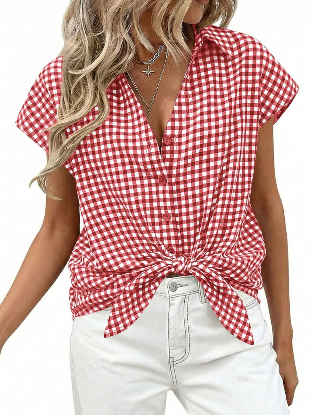 Women's classic gingham print button-down shirt with tie detail, featuring long sleeves and a collared neckline.