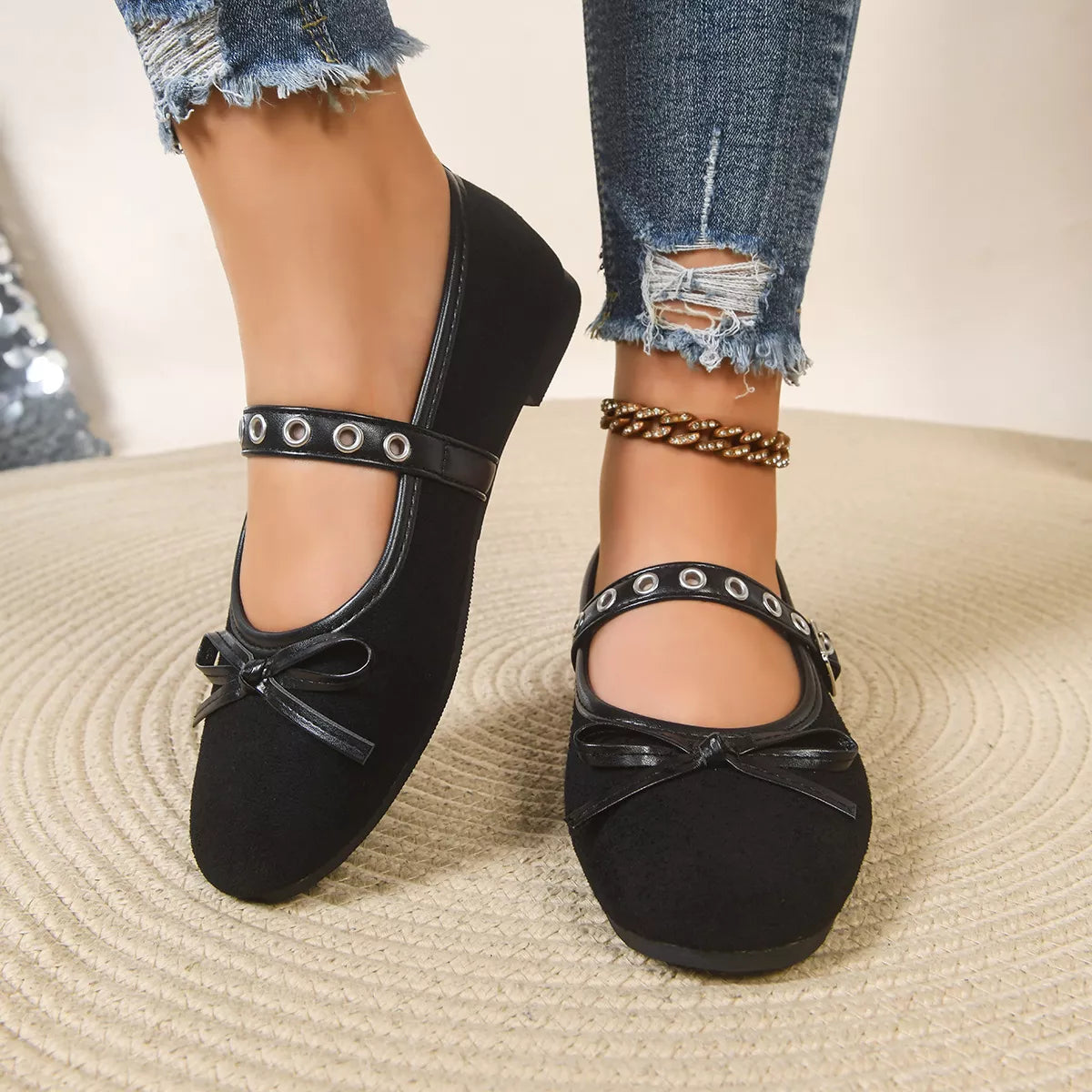 Trendsi round toe bow slip-on shoes in neutral color, showcasing stylish footwear with a bow detail and comfortable design.