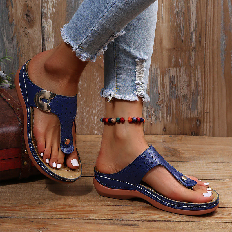 Plush Fashion Hub retro wedge heel flip flops with beach slippers featuring colorful straps and cushioned soles, perfect for summer.