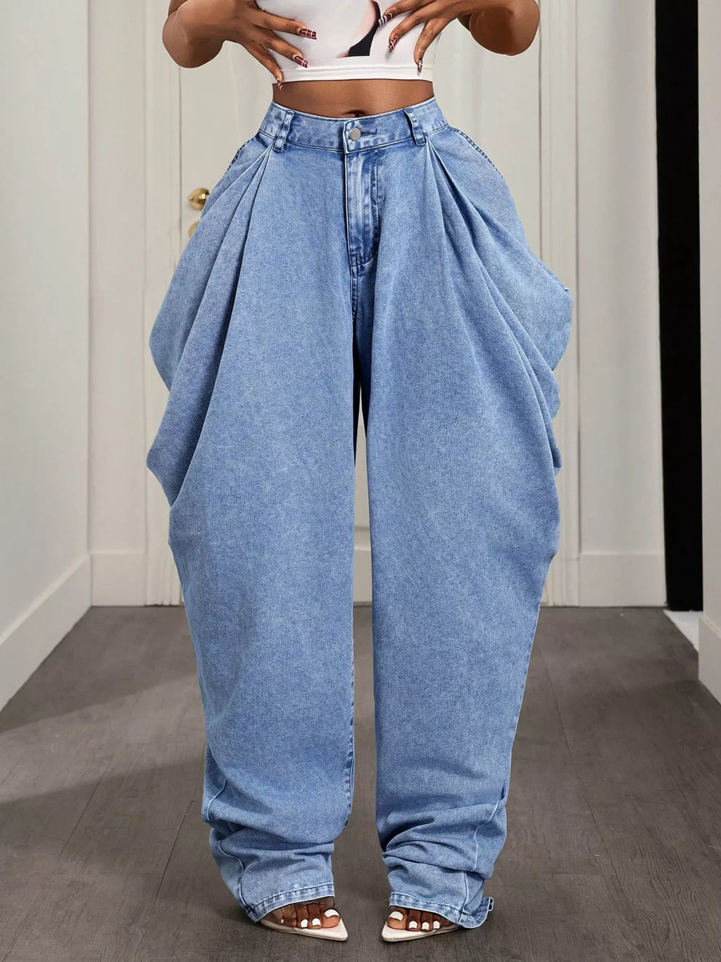 Baggy ruched jeans by Shopimist featuring a relaxed fit and gathered detailing, shown in a stylish image.