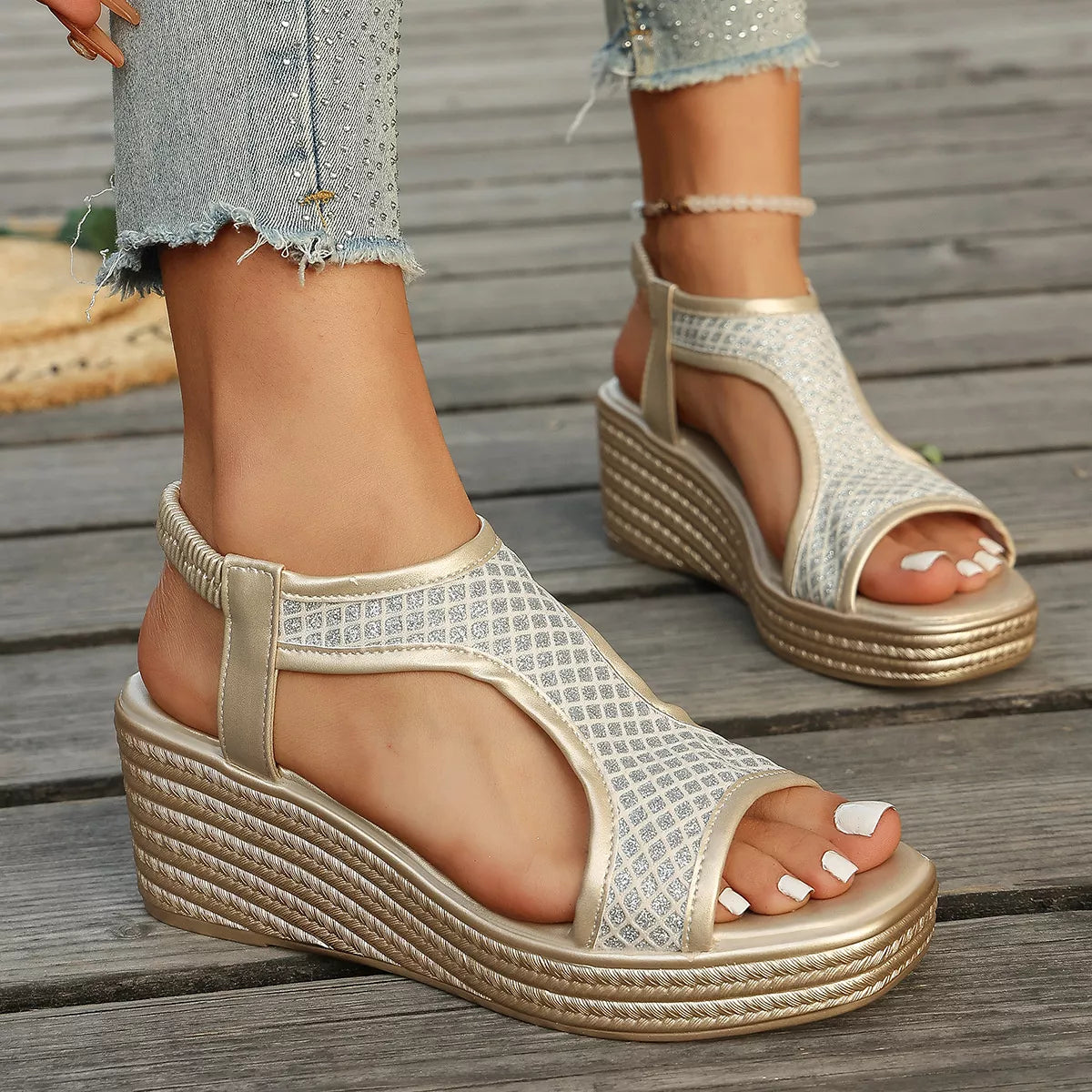 Shopimist open toe wedge sandals with tan leather straps and chunky cork heel, stylish footwear for summer and casual wear.