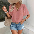 Women's V-neck lace-trim Swiss dot short-sleeve top by Plush Fashion Hub, casual loose fit with delicate lace details.