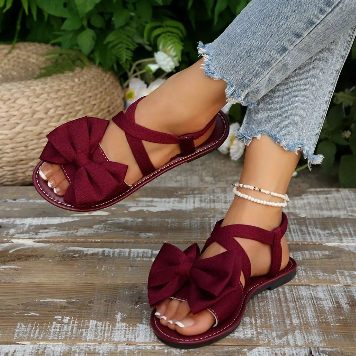 Shopimist bow embellished flat sandals featuring stylish straps and decorative bows, perfect for casual summer wear.