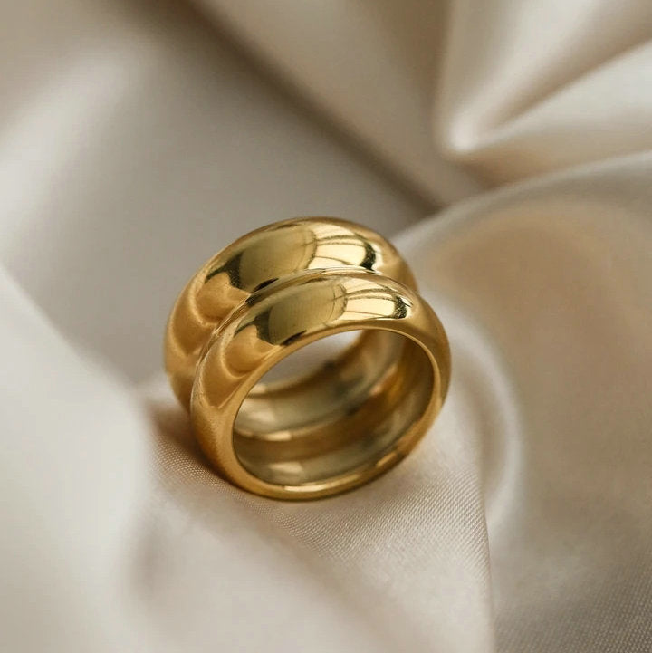 Gold double ridge ring with textured band, showcasing elegant design and polished finish, ideal for stylish jewelry collection.