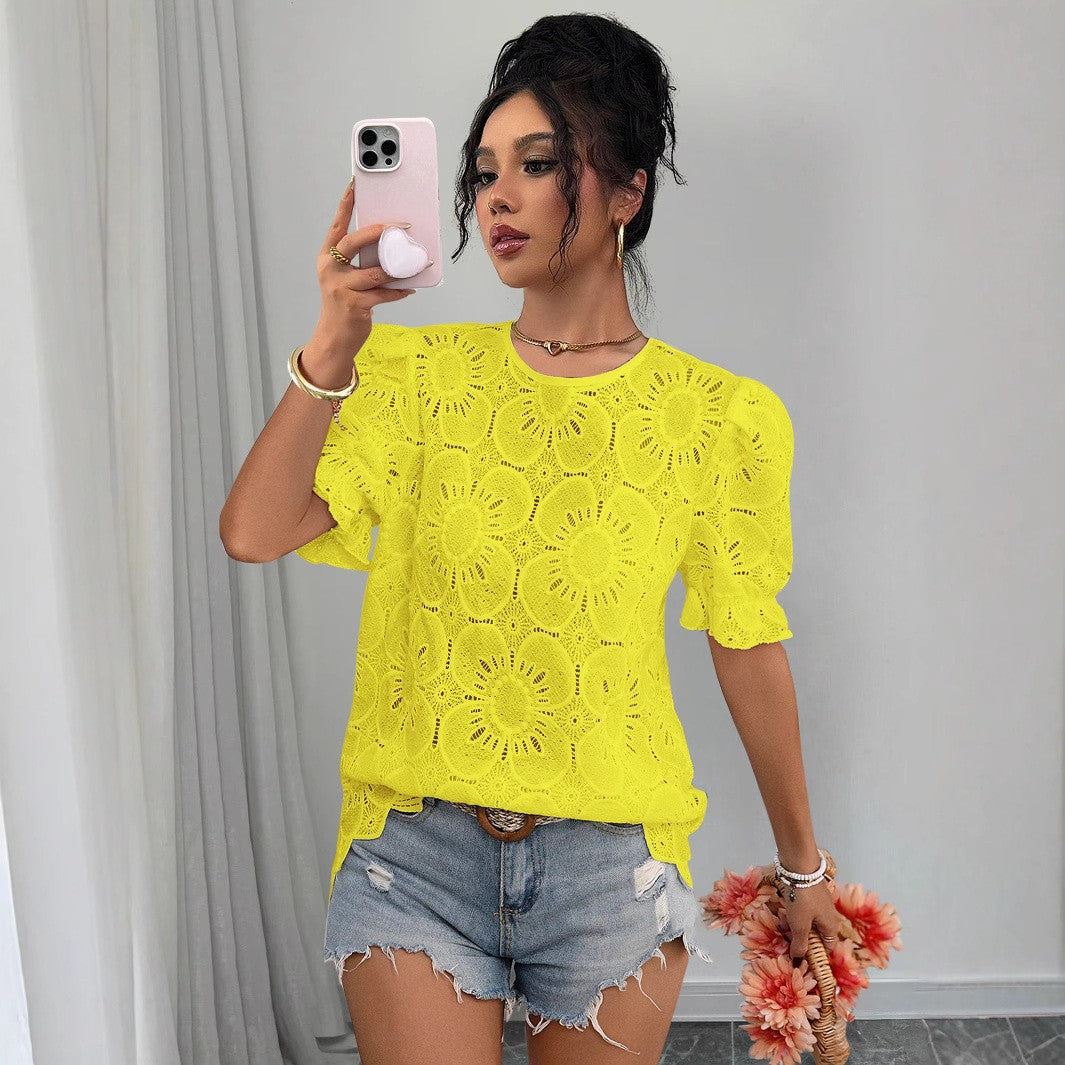 Women's loose fit lace puff-sleeve shirt top with hollow-out design, casual wear by Plush Fashion Hub.