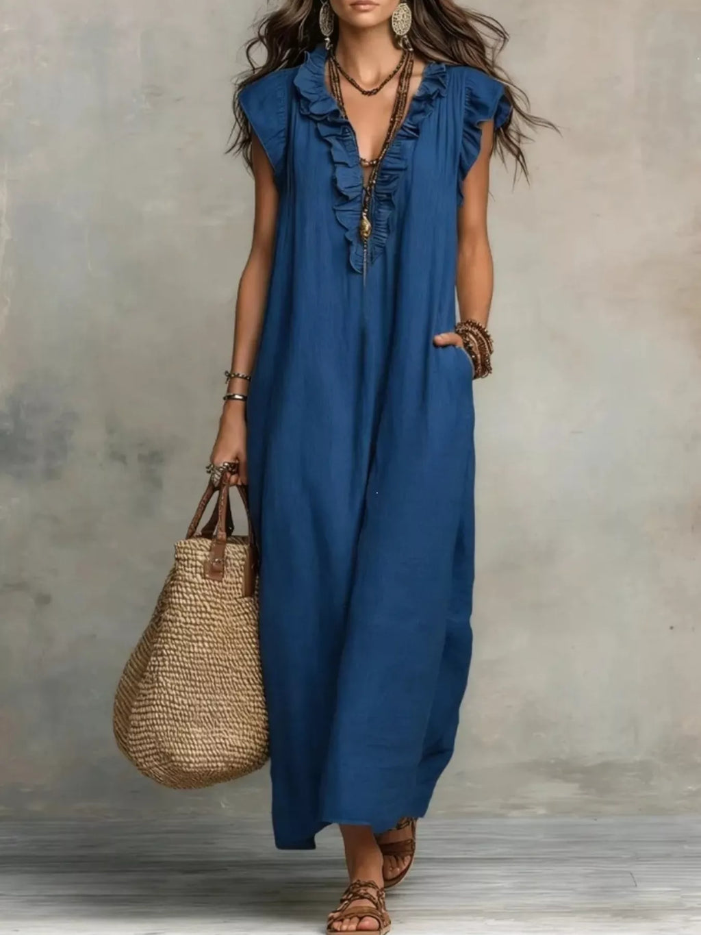 Full size ruffled v-neck cap sleeve maxi dress by Plush Fashion Hub, featuring a flowing silhouette and elegant ruffle details.