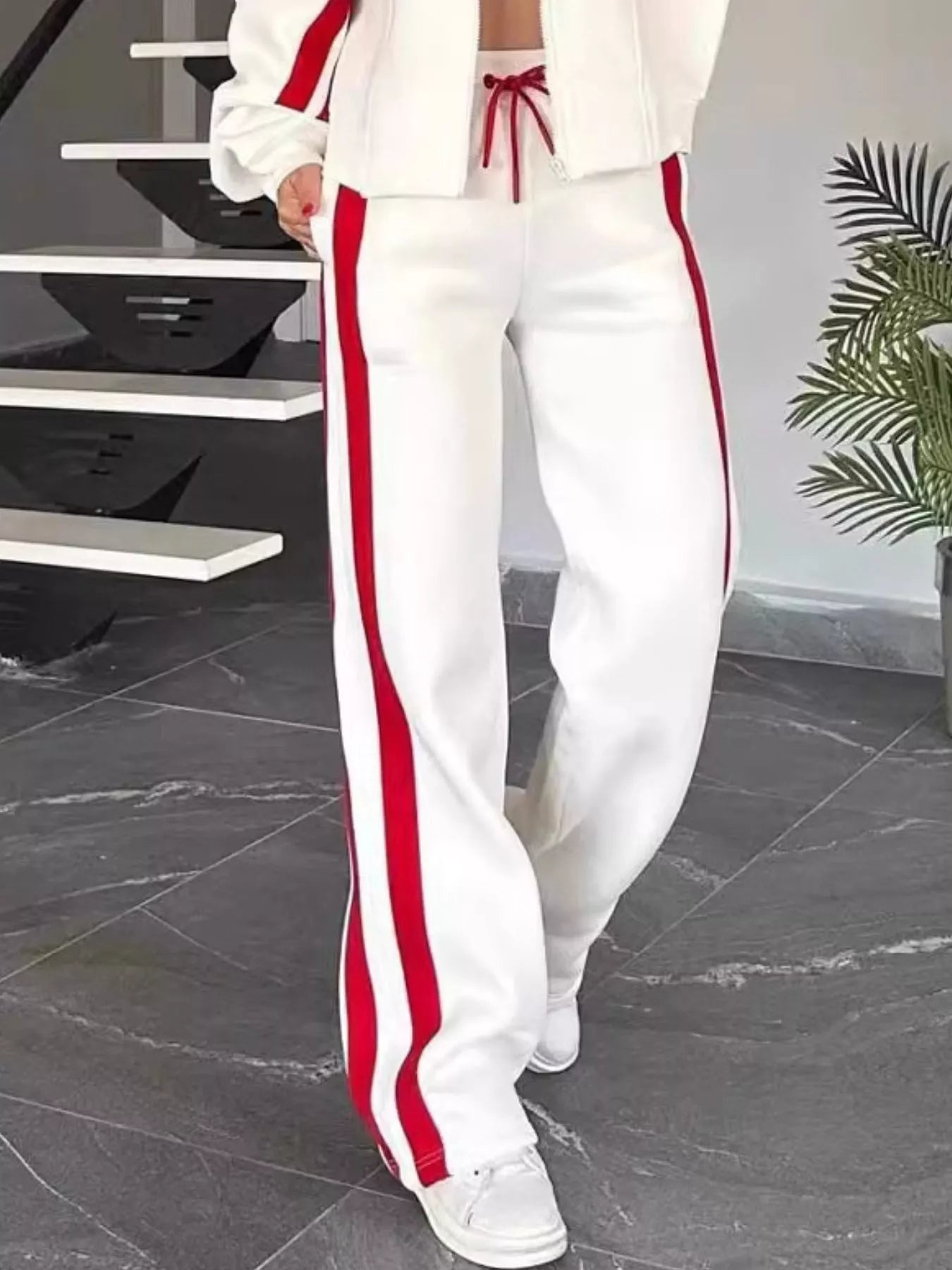 Plus size contrast stripe zip-up activewear jacket and pants set by Plush Fashion Hub, full size, sporty and comfortable.
