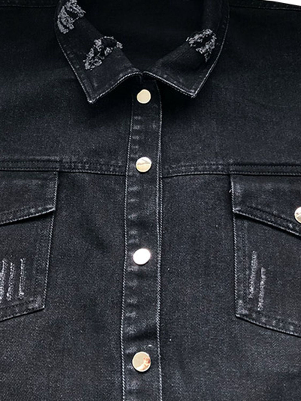VYSN raw hem collar neck long sleeve denim jacket showcasing classic blue denim, button-up front, and relaxed fit.