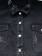VYSN raw hem collar neck long sleeve denim jacket showcasing classic blue denim, button-up front, and relaxed fit.