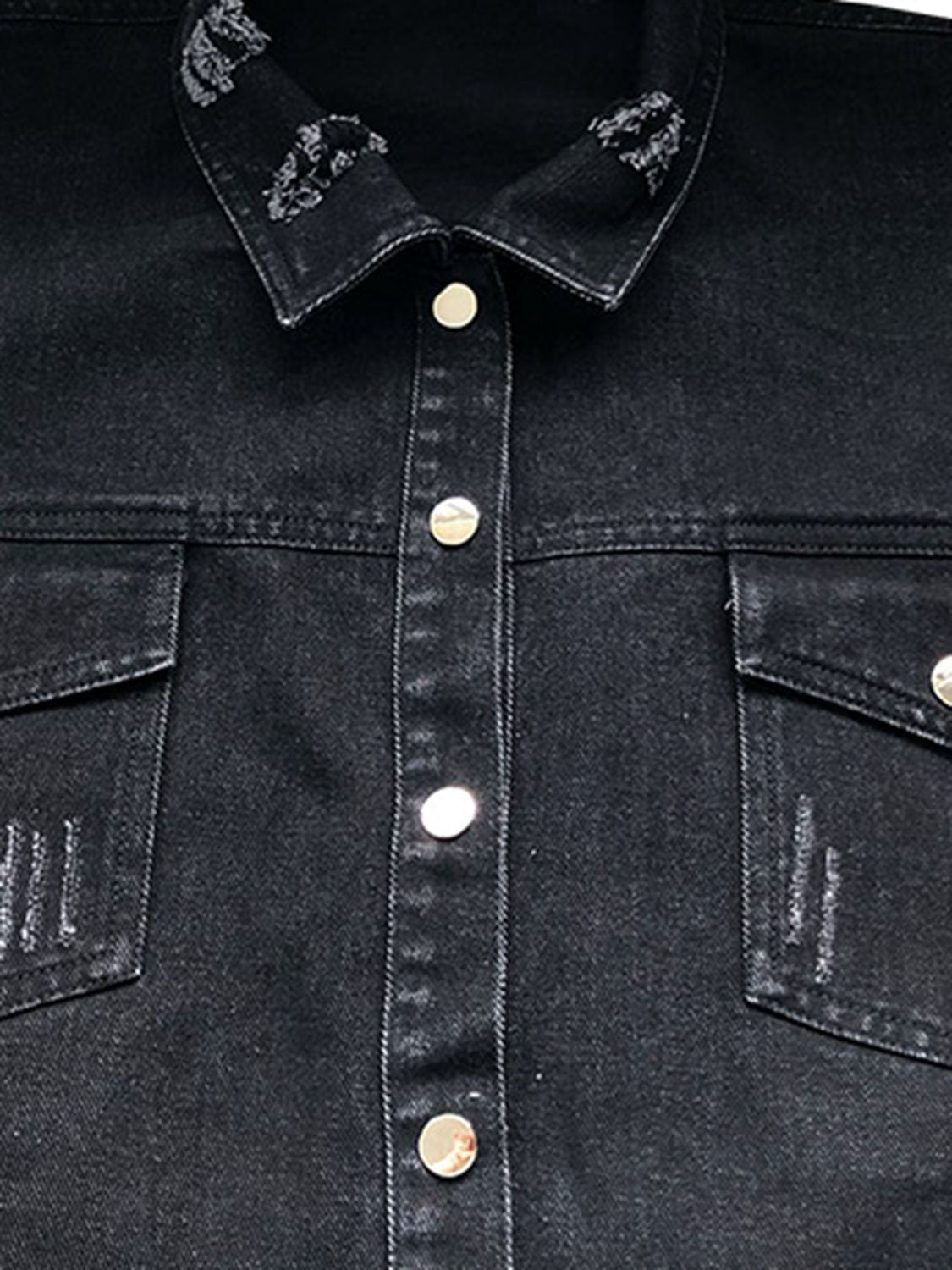 VYSN raw hem collar neck long sleeve denim jacket showcasing classic blue denim, button-up front, and relaxed fit.