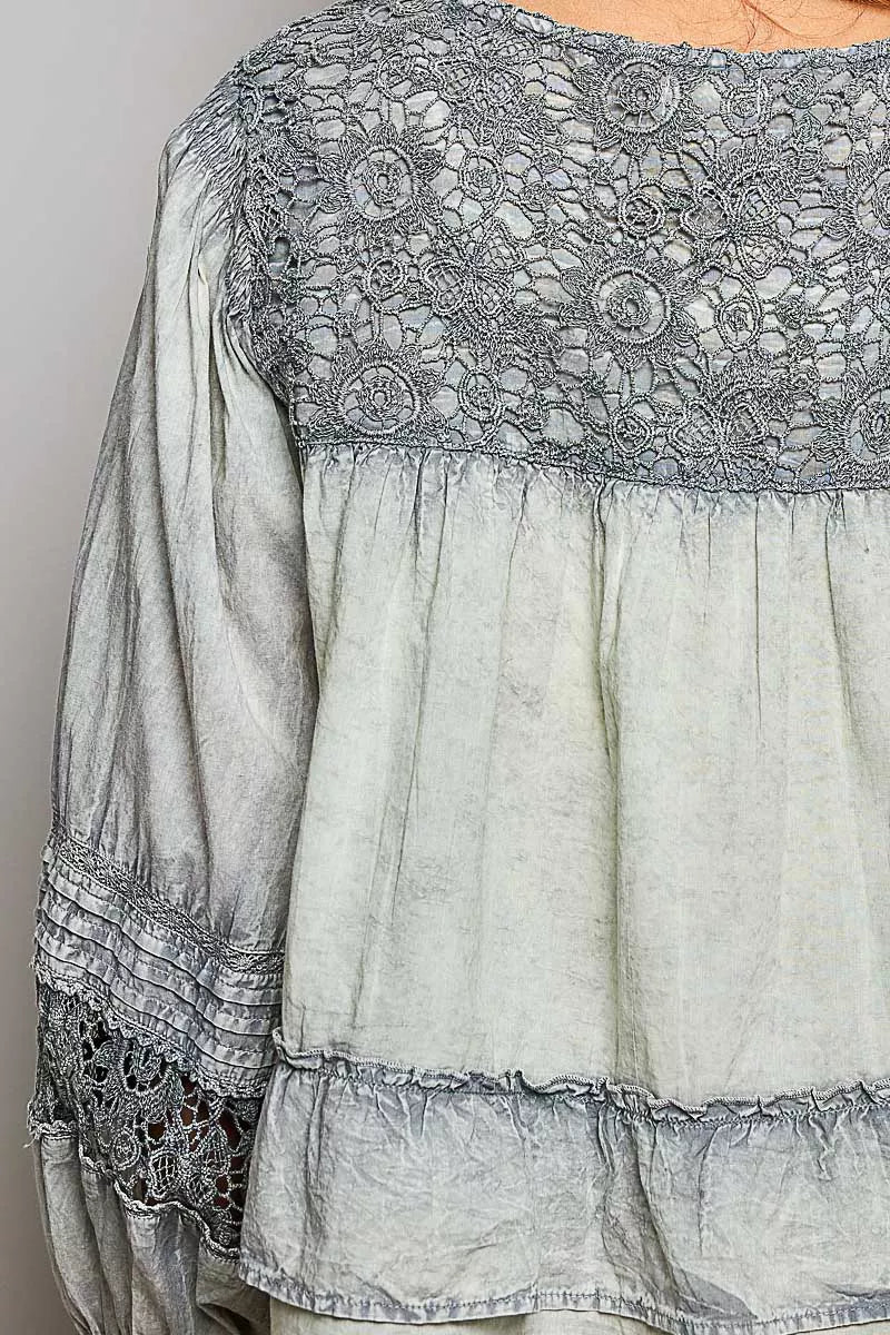 Polished washed layered lace pintuck flared woven blouse by Shopimist featuring delicate lace details and a flowing silhouette.