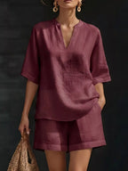 Plus size Trendsi set with a notched half sleeve top and matching shorts, featuring a stylish, comfortable design.