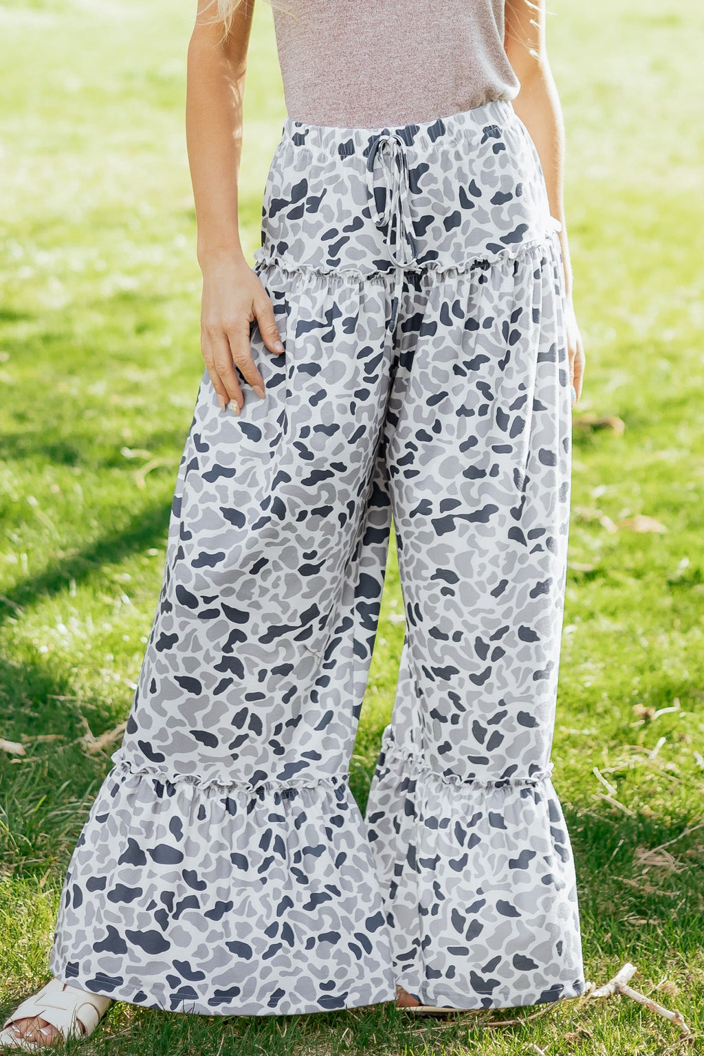 Light beige Hope Wide Leg Casual Pants from Threaded Pear, featuring a relaxed fit and flowy silhouette.