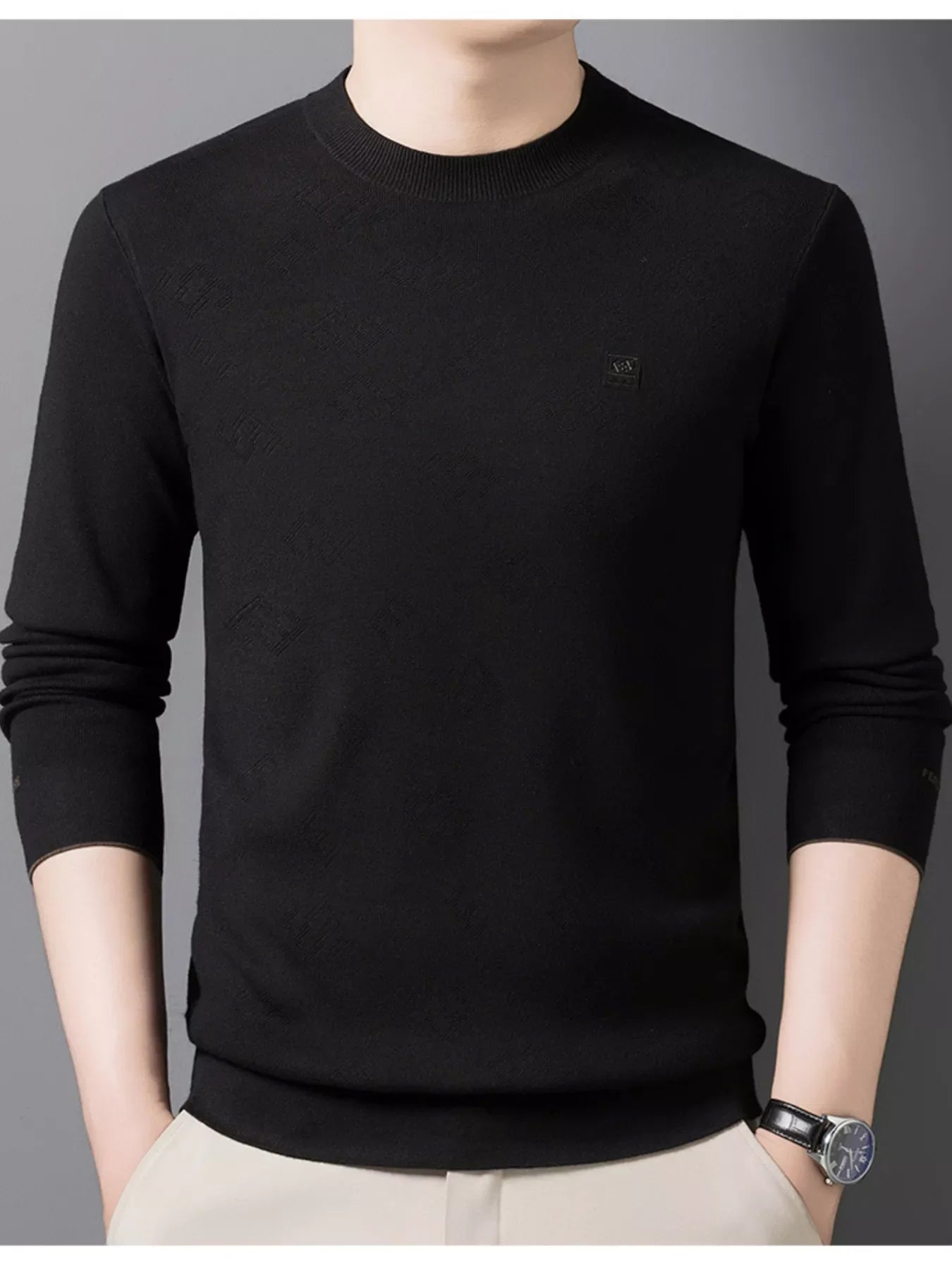 Men's plus size round neck slim fit knit sweater by Simply Love, featuring a comfortable, stylish men's sweater in a close-up view.