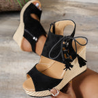 Women's suede open toe wedge sandals with high heels and platform, featuring a stylish design and trendy look.