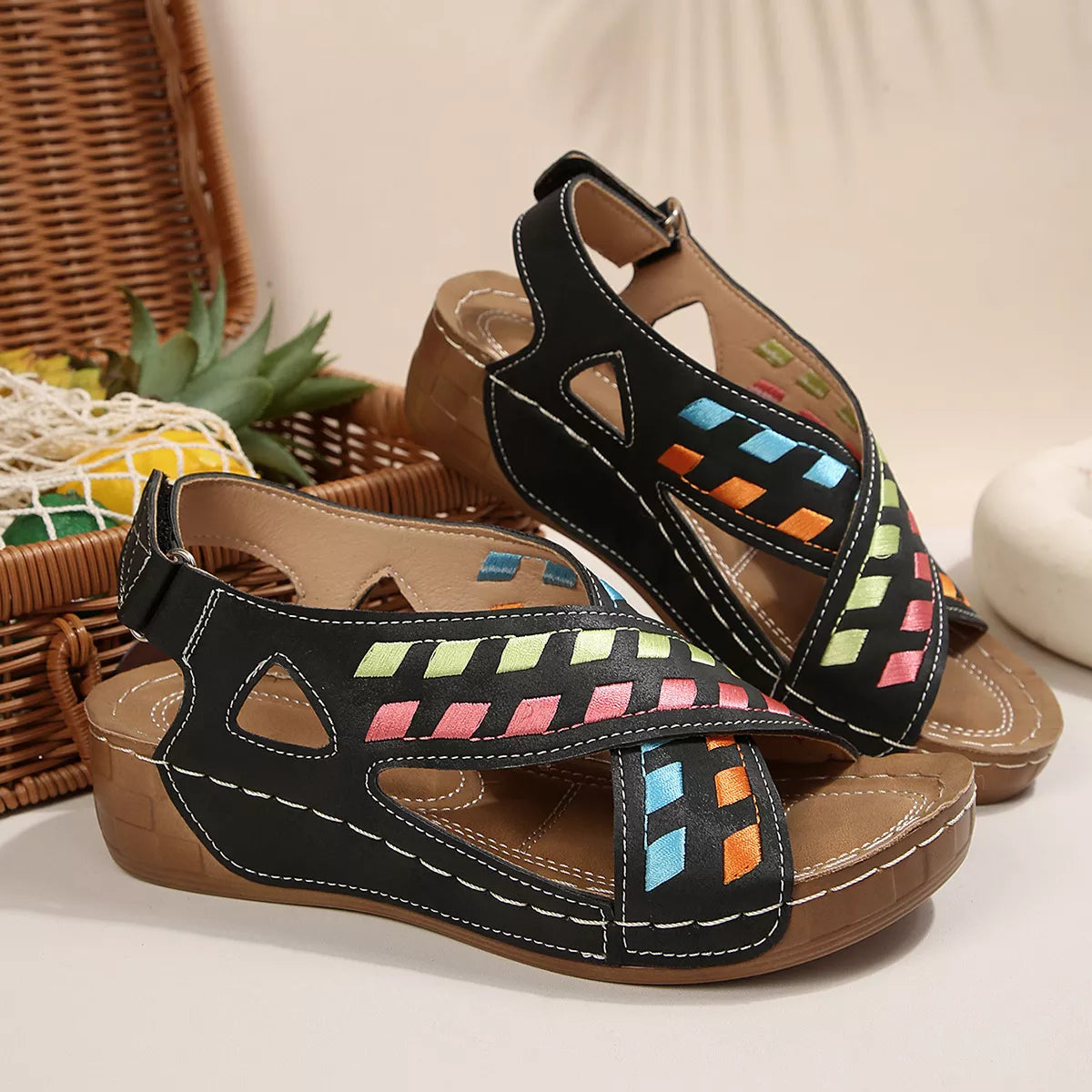 Open toe wedge sandals by Shopimist featuring a stylish design with a comfortable cork heel and neutral color.